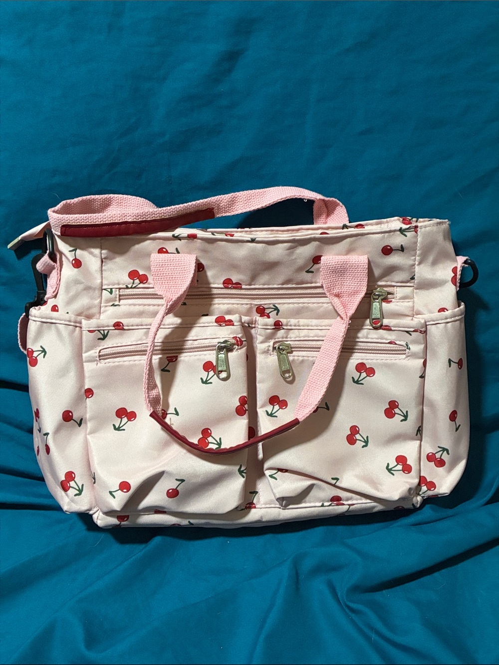 Pink Cherry Print Tote Bag with Dual Front Pockets